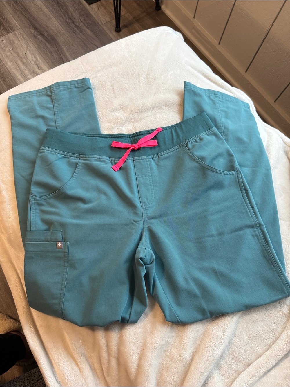 FIGS Teal Scrub Pants with Pink Drawstring